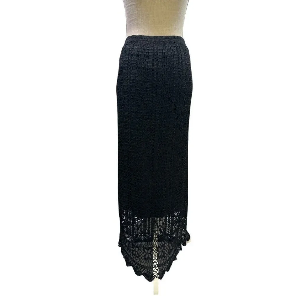 Chico’s Black Crochet Maxi Skirt Pull On Boho Lace Knit Long Skirt Sz 3